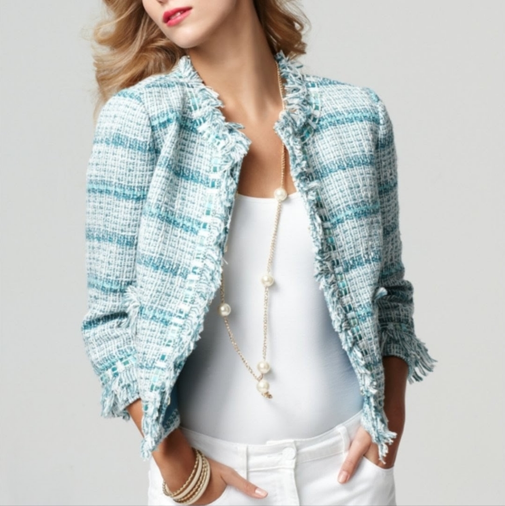 Tory Burch Light Blue & White Tweed Fringe Jacket
